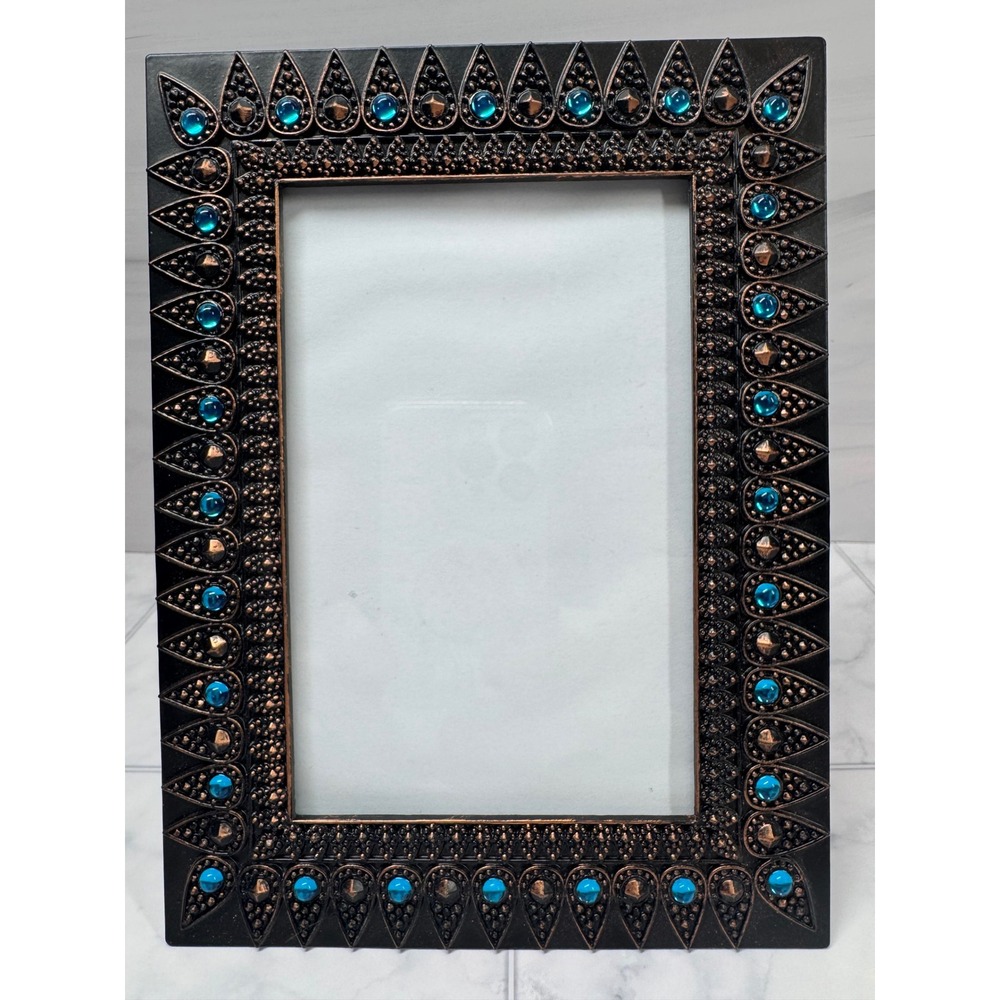 Ornate Metal Picture Frame 4x6 Turquoise Bead Bronze Boho Tabletop Wall Mount